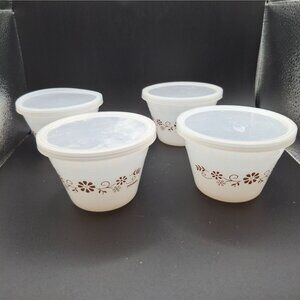 Dynaware Pry-O-Rey Milk Glass Custard Cups Brown Floral Bowls With Lids Set Of 4